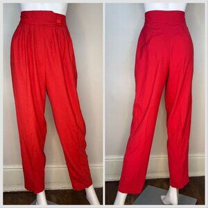 Vintage 1980s Red Pleated Pants, High Rise, Wide Waistband, Tapered Leg, 27"x28"